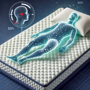 A person sleeping comfortably on a memory foam mattress, with a visual representation of pressure distribution, highlighting support and pressure relief.