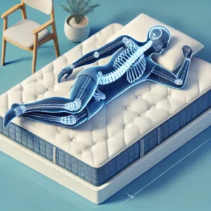 A side view of a person lying comfortably on a mattress designed for arthritis pain relief, illustrating spinal alignment and pressure point relief.