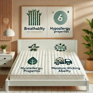 Infographic showcasing the benefits of a bamboo mattress topper, including breathability, hypoallergenic properties, moisture-wicking ability, and eco-friendliness.