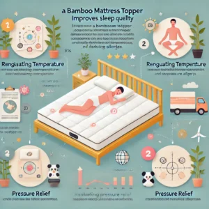 Infographic illustrating how a bamboo mattress topper enhances sleep by regulating temperature, providing pressure relief, and reducing allergens