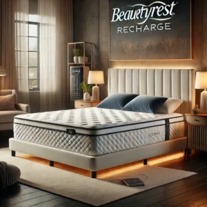 A Beautyrest Recharge mattress in a cozy bedroom setting, surrounded by modern furniture and soft lighting, highlighting its elegant and comfortable design