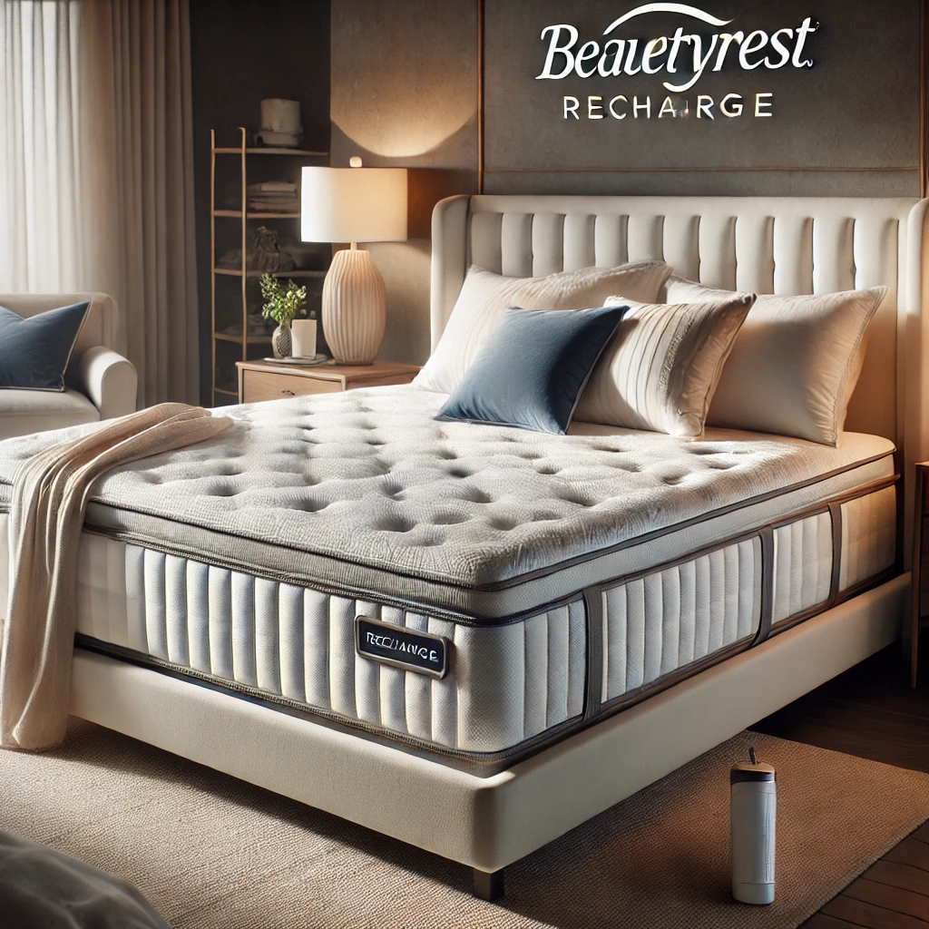 A luxurious Beautyrest Recharge mattress in a modern bedroom, featuring elegant bedding, soft lighting, and a premium pillow-top design for ultimate comfort