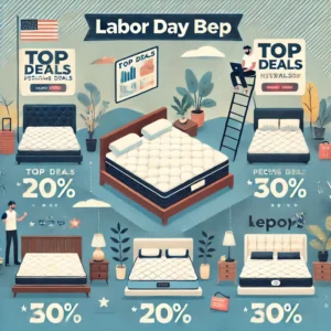 An infographic showcasing the best mattress brands offering Labor Day discounts, highlighting top deals and percentage savings