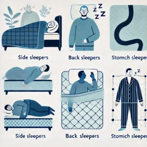 An illustration showing the best mattress types for side sleepers, back sleepers, and stomach sleepers, with recommendations for each sleeping position