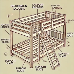 Labeled illustration of bunk bed components: guardrails, ladder, support slats, and frame.