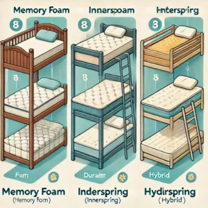 Comparison chart of memory foam, innerspring, and hybrid mattresses suitable for bunk beds.