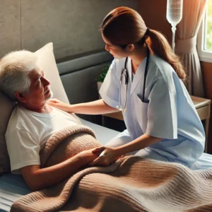 A heartwarming scene of a caregiver assisting an elderly patient on a low air loss mattress, ensuring comfort and safety