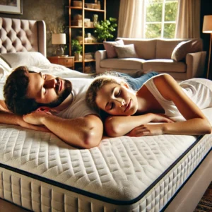 A couple lying on a Beautyrest Recharge mattress in a peaceful bedroom, enjoying optimal support and luxurious comfort in a modern, cozy setting.