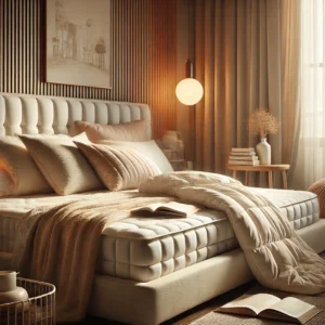 Cozy bedroom showcasing a flippable mattress with stylish bedding and a warm atmosphere