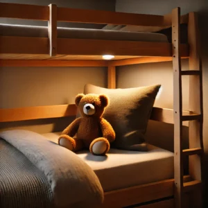 Cozy children's bedroom with a sturdy wooden bunk bed, soft twin mattress, and a plush toy creating a warm and inviting atmosphere.