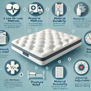 An infographic detailing essential factors to consider when selecting a low air loss mattress, including material durability and adjustability