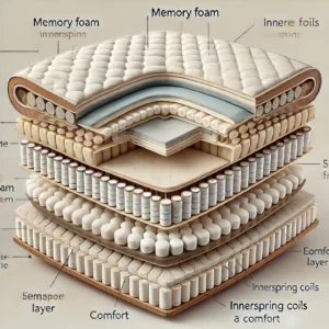 Cross-section diagram of a flippable mattress showing memory foam, innerspring coils, and comfort layers