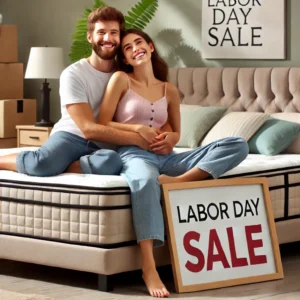 A happy couple enjoying their new mattress after purchasing it from a Labor Day sale, in a cozy and stylish bedroom setting.