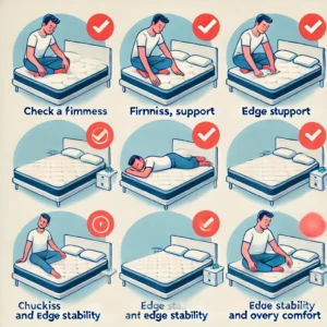 A step-by-step instructional guide demonstrating how to test a mattress before purchase, checking firmness, support, and overall comfort.