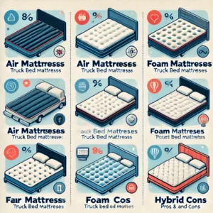 An infographic comparing different types of truck bed mattresses, including air, foam, and hybrid options, with pros and cons for each.