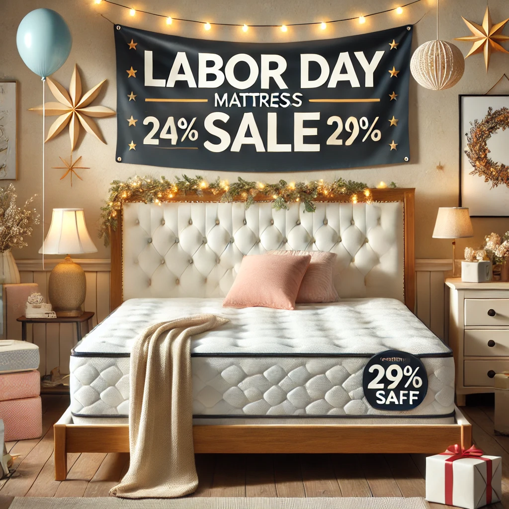 A promotional Labor Day mattress sale scene featuring a cozy bedroom with a high-quality mattress on sale, discount tags, and festive decorations.