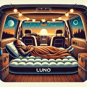 Person resting on a Luno air mattress inside an SUV at night, surrounded by string lights and a scenic starry sky