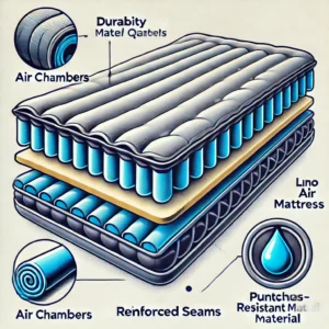 Cross-section illustration of a Luno air mattress showcasing air chambers, reinforced seams, and puncture-resistant material