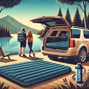 A couple enjoying a road trip by a scenic lake with their SUV trunk open, relaxing on a Luno air mattress
