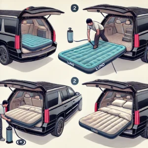 Step-by-step illustration showing how to set up a Luno air mattress in the back of an SUV, from unfolding to full inflation