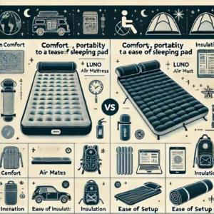 Infographic comparing a Luno air mattress to a traditional camping sleeping pad, highlighting comfort, portability, and insulation