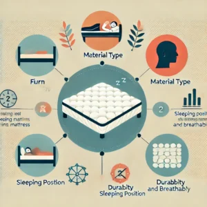 An infographic highlighting key factors to consider when buying a mattress, including firmness, material type, sleeping position, durability, and breathability