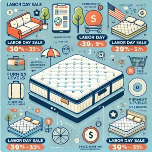 An infographic detailing key factors to consider when buying a mattress during a Labor Day sale, including types, firmness, materials, and discounts.