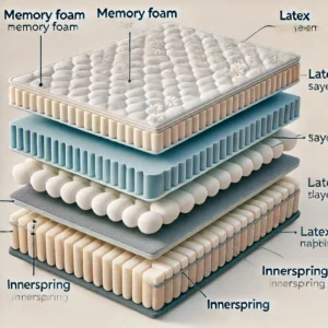 A cross-section illustration of a mattress showing different layers, including memory foam, latex, innerspring, and hybrid materials, with clear labels explaining their functions