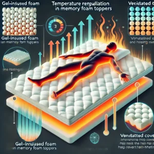 Infographic highlighting gel-infused foam, ventilated designs, and cooling covers for temperature control in memory foam toppers