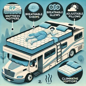 Infographic illustrating ways to improve comfort for RV bunk mattresses, including mattress toppers, breathable sheets, adjustable pillows, and climate control options