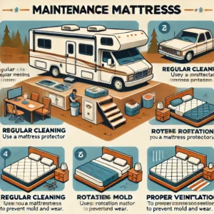 Infographic providing maintenance tips for RV bunk mattresses, including cleaning, using a mattress protector, rotating, and ensuring proper ventilation