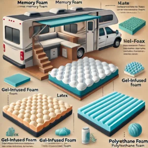 Infographic showcasing memory foam, latex, gel-infused foam, and polyurethane foam used in RV bunk mattresses, explaining comfort levels and durability