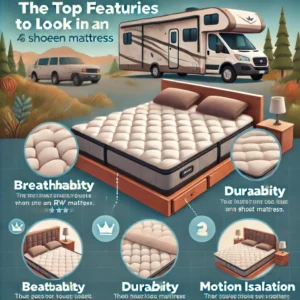 An infographic showcasing key features to look for in an RV short queen mattress, including breathability, durability, and motion isolation.