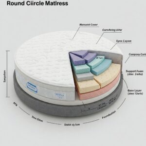 Diagram illustrating the dimensions and internal layers of a round circle mattress.
