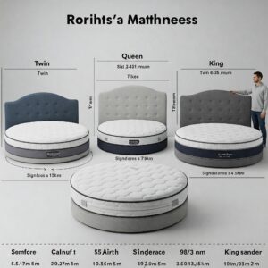 Comparison of different sizes of round circle mattresses: twin, queen, and king.