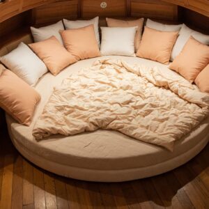 Overhead view of a cozy round circle mattress with pillows and bedding.
