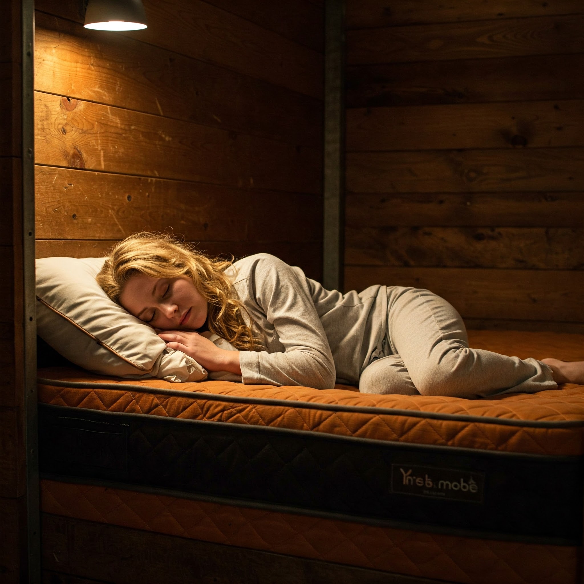 A young woman sleeping soundly on a comfortable stall mattress.