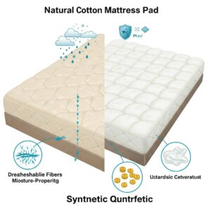 Illustration comparing the benefits of a natural cotton mattress pad versus a synthetic one.