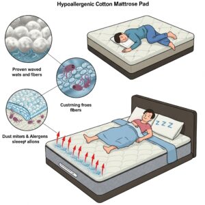 Diagram highlighting the hypoallergenic properties of a cotton mattress pad.