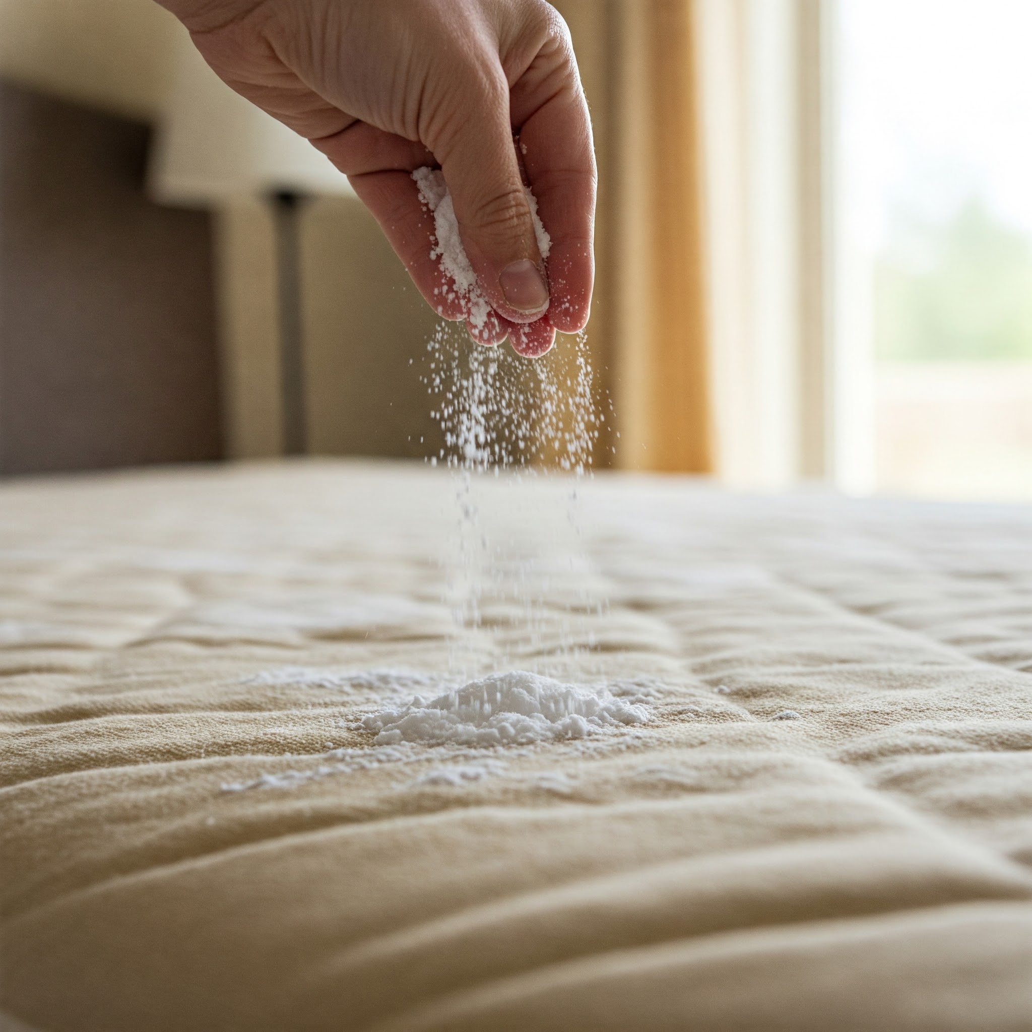 Close-up of someone sprinkling baking soda on a mattress to learn How to Get Sweat Smell Out of Mattress.