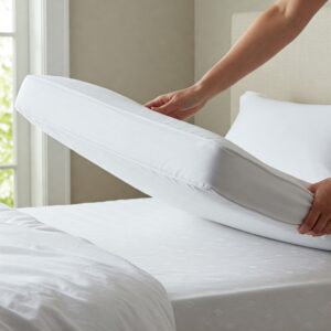 Illustration depicting how to place a clean mattress topper back onto the bed after completing how to clean a mattress topper.