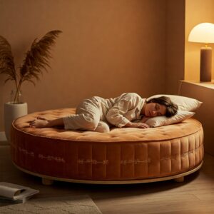 Person comfortably sleeping on a unique round circle mattress.