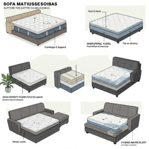 Different types of mattresses suitable for sofas, including foam and innerspring options.