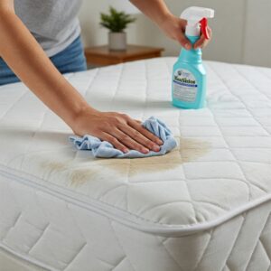 Illustration demonstrating how to spot clean a stain on a mattress topper as part of the process of how to clean a mattress topper.