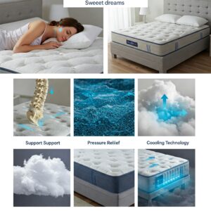 Key benefits of a sweet dreams mattress: support, pressure relief, and cooling technology.