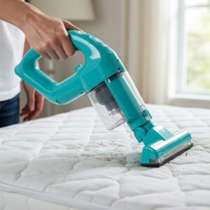 Illustration detailing the step of vacuuming a mattress topper when learning how to clean a mattress topper to remove loose debris.