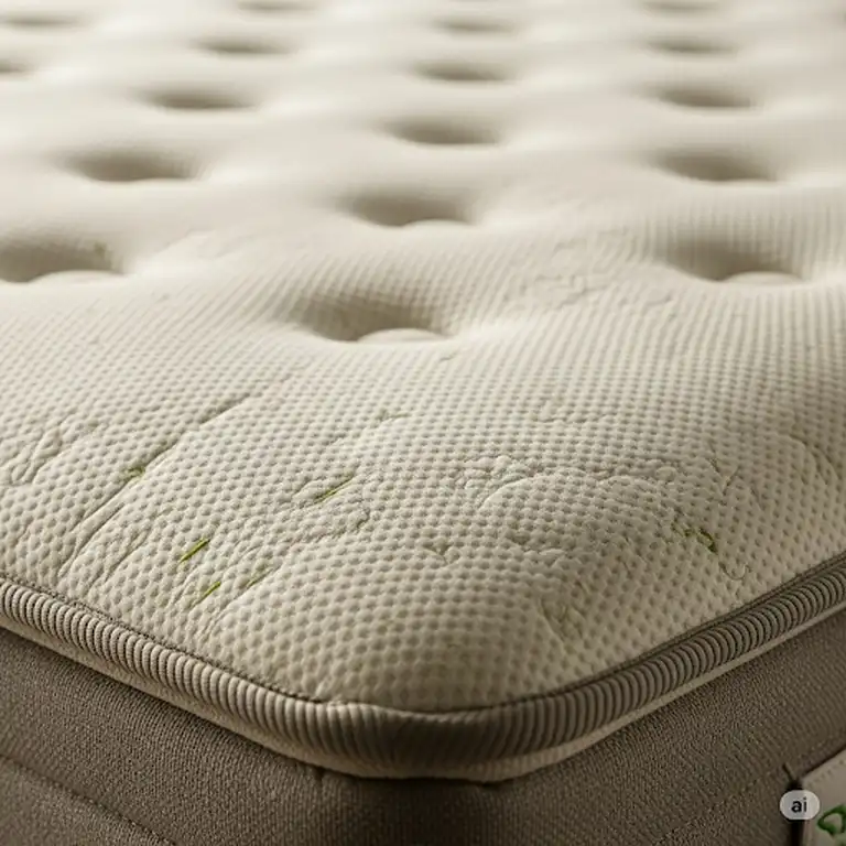 A close-up of a plush aloe vera mattress highlighting its soft, breathable fabric and comforting texture, ideal for a restful sleep.