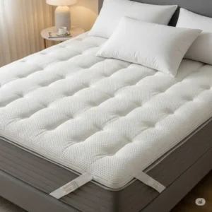 A close-up of a high-quality best firm mattress topper, showing its textured surface and a neatly made bed, highlighting comfort and support for a better night's sleep.