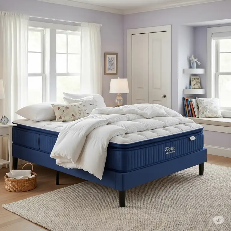 A comfortable bedroom featuring a queen-size blue mattress, inviting and ready for a good night's sleep.