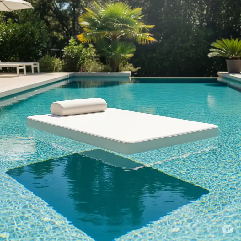 Comfortable floating mattress on a serene blue swimming pool.